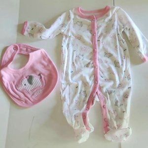 NEW 2 Piece Set Pink / White Cotton Sleep & Play Bodysuit & Matching Cotton Bib